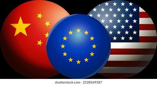 China, União Europeia, EUA bandeiras, modelo, fundo, web. Conceito de parcerias entre a América Ásia Europa, comércio, parceria estratégica, sanções, deveres.