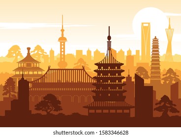 china famous landmark silhouette style with row design on sunset time,vector illustration