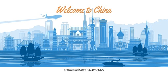 China famous landmark silhouette style with blue and white color,vector illustration