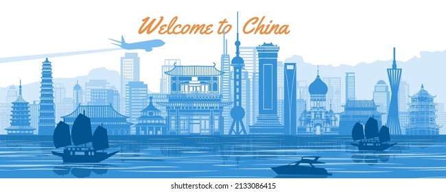 China famous landmark silhouette style with blue and white color,vector illustration