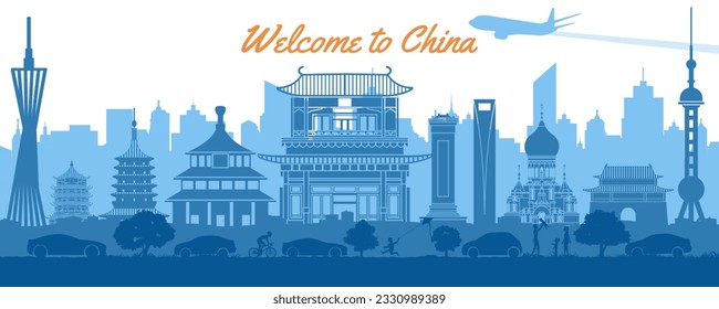 China famous landmark silhouette style with blue and white color,vector illustration