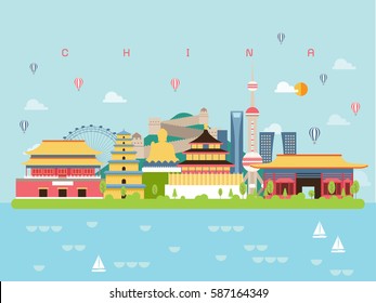 China Famous Landmarks Infographic Templates for Traveling Minimal Style and Icon, Symbol Set Vector Illustration Can be use for Poster Travel book, Postcard, Billboard.