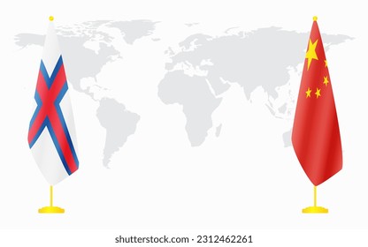 China and Faroe Islands flags for official meeting against background of world map.