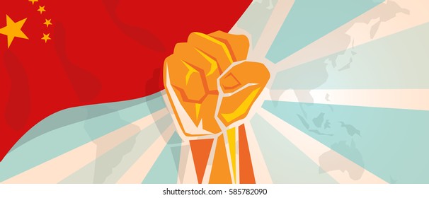 China fight and protest independence struggle rebellion show symbolic strength with hand fist illustration and flag vector