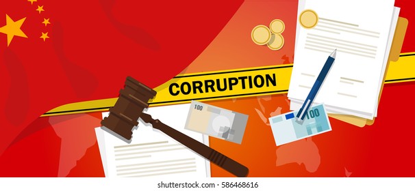China fights corruption money bribery financial law contract police line for a case scandal government official