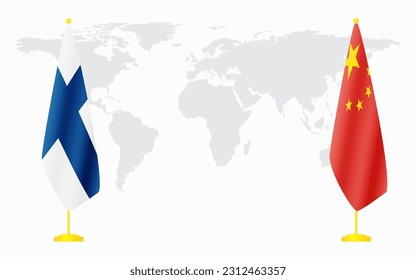 China and Finland flags for official meeting against background of world map.