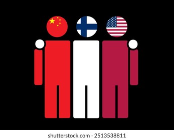 China, Finland, and USA National Flags With Embracing Body. Vector Illustration. Isolated background.