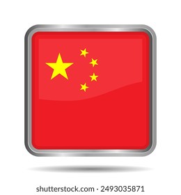 China Flag 3D Glossy Vector Illustration, Rectangular or Square Shape, Scalable EPS File. Square Chinese flag button with elegant silver frame, premium and shiny.