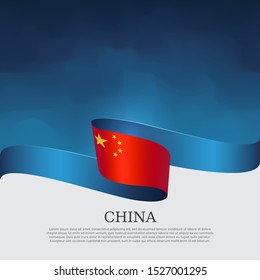 China flag background. Wavy ribbon color flag of china on a blue white background. National poster. Vector design. State chinese patriotic banner, cover, flyer