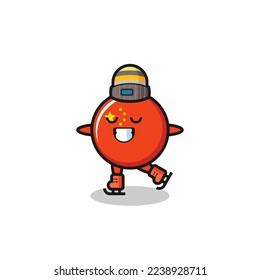 china flag badge cartoon as an ice skating player doing perform , cute style design for t shirt, sticker, logo element