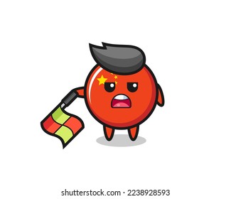 china flag badge character as line judge hold the flag down at a 45 degree angle , cute style design for t shirt, sticker, logo element