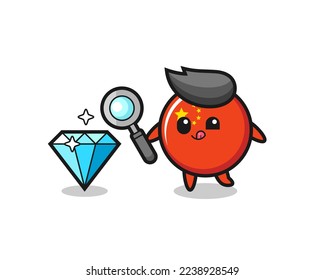 mascota de insignia de la bandera china está revisando la autenticidad de un diamante , diseño de estilo lindo para camiseta, pegatina, elemento logo