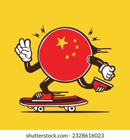 China Flag Ball Skater Mascot Vector Character Design