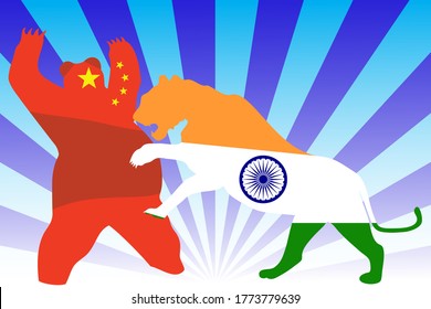 China flag in a body panda shape and India flag in body of tiger shape on sunshine background.