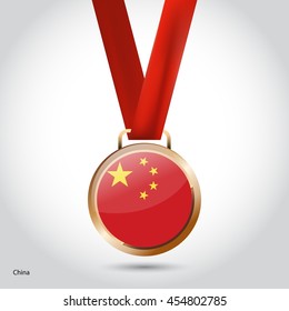 China Flag in Bronze Medal. Olympic Game Bronze Medal. Vector Illustration