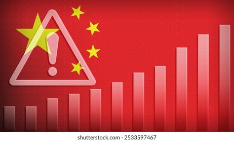 China flag with burlap texture, warning sign, and rising bar chart symbolizing increasing risk or growth challenges in the country. Ideal for data presentations.