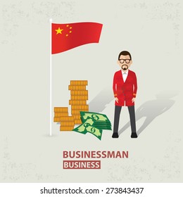 China flag and businessman design on old background, clean vector.