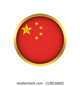 China flag button, Golden on a white background,flag of China Round badge or icon isolated. Vector illustration.