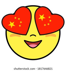 China flag button. Patriotic smile in hearts glasses. Emoji icon isolated on white background.