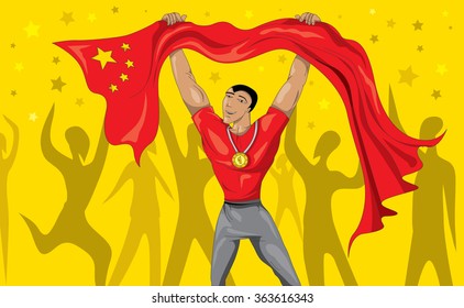 China Flag, Chinese Athlete winning (Vector Art)