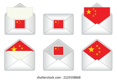 China flag in the envelope. Chinese stamp flag. Opened, closed Chinese letter, isolated on white background.