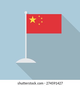 China flag with flagpole flat icon with long shadow. Vector illustration EPS10. China flag on grey background. Modern style illustration of China flag