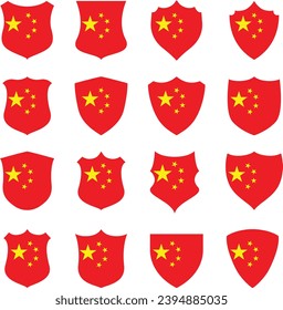 China flag - flat collection Badges. Flags of different shaped sixteen flat icons. Vector illustration set. 