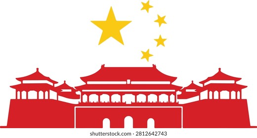 China flag Forbidden City vector skyline Tiananmen gate national Chinese icon