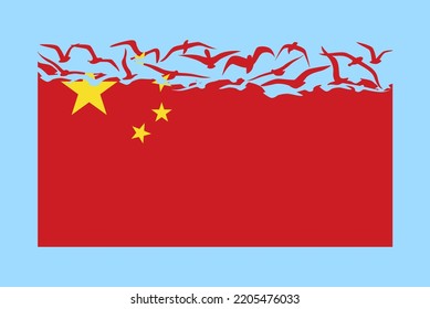 China flag with freedom concept, independent country idea, China flag transforming into flying birds vector, sovereignty metaphor, flat design