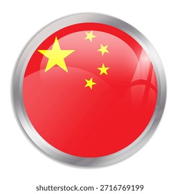 Bandeira da China - botão de círculo brilhante na moldura de metal exibe uma bandeira colorida de uma identidade cultural e herança do país. A essência do orgulho e da unidade nacionais.