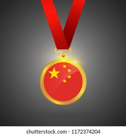 China Flag in gold Medal, Golden Badge, Sport Game Golden Challenge Award. Vector Illustration.