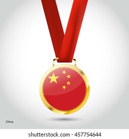 China Flag in gold Medal. Vector Illustration. RIO Olympic Game gold Medal. Vector Illustration