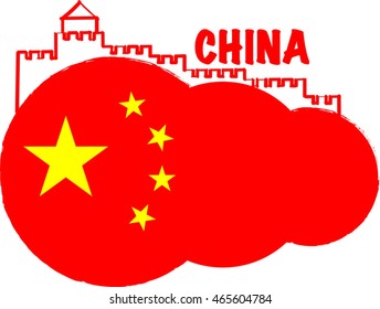 China flag with Great wall of China drawing for printing