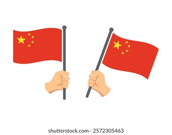 China flag in hand icons set, national symbol of the Peoples Republic of China