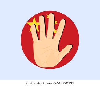 Chinafahne mit Handstoppschild, Protest- und Menschenrechtsidee, Vektorgrafik-Design, Protest in China, Einschränkung oder verbotenes Emblem, Verletzung der Meinungsfreiheit, Krieg beenden