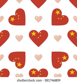 China flag heart seamless pattern. Patriotic China flag background. Country flag in the shape of heart. Vector seamless pattern.
