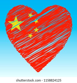 China flag, Heart shape, grunge style.