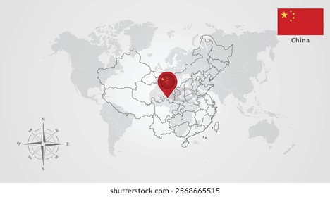 China flag icon design with map outline, Template with the national flag and map 