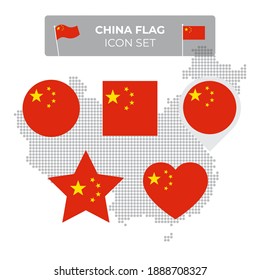 Iconos de la bandera de China establecidos en forma de cuadrado, corazón, círculo, estrellas y puntero, marcador de mapa. Mapa mosaico de china. Bandera china. Símbolo plano del vector, icono, botón