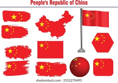 China flag icons vector set. Peoples Republic of China Brush style Flag collection. China flag labels set. Set of Chinese flag icons in different shapes