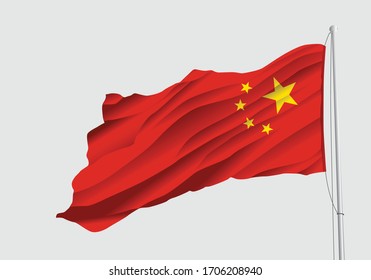 China flag isolated on gray background. Realistic China flag waving in the Wind. Vector illustration