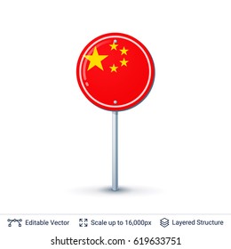 China flag isolated on white. Country symbol as road sign. Vector pointer template easy to edit.