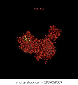 China flag map, chaotic particles pattern in the colors of the Chinese flag. Vector illustration isolated on black background.