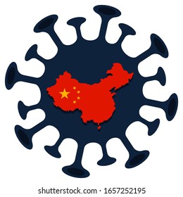 China flag map Sign caution coronavirus 2019-nCoV outbreak. Coronavirus danger and public health risk disease and flu outbreak. Pandemic medical concept with dangerous cells. Vector illustration