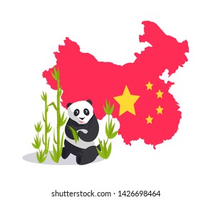 China flag, map of state in red color with stars, flat design style of panda character eating bamboo, asian symbol, east region, Chinese sign vector