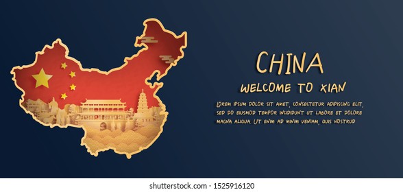 China flag and map with Xian skyline, world famous landmarks in paper cut style vector illustration