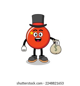 china flag mascot illustration rich man holding a money sack , character design
