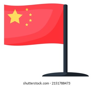 China flag. National flag of China on pole isolated on white. Waving flag. Sign and symbol of Asian country. Government polytical element, international canvas banner with star colored stripes