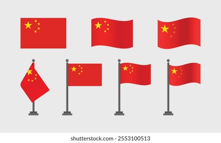 Bandeira da China, bandeira da China no mastro, ilustração vetorial, desenho plano da bandeira da China, bandeira da China com efeito de onda.