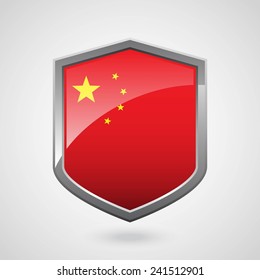 China Flag on a Grey Shiny Shield, Vector Illustration isolate on Grey Background